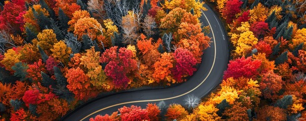 Aerial perspective of a snaking road enveloped by fiery fall foliage, dramatic and vivid, great for seasonal tourism ads
