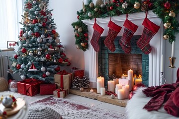 Christmas Interior of festive living room with fireplace. Christmas socks with gifts on fireplace in living room. Festive New Year magic background