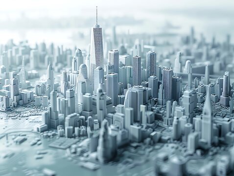 Artistic 3D depiction of a simplistic cityscape morphing into a high-tech metropolis, symbolizing rapid urban development