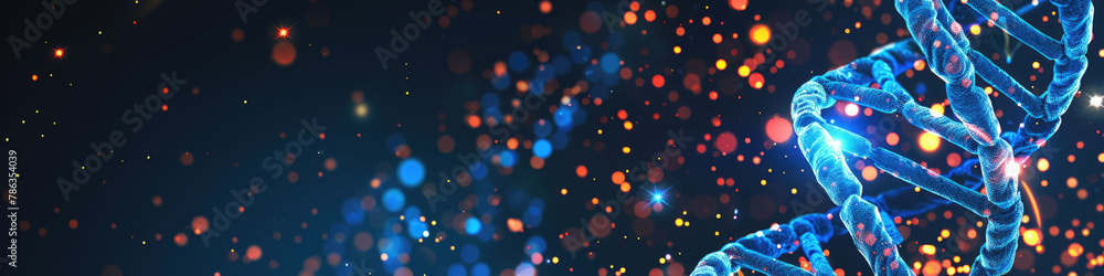 Poster a representation of a luminous dna molecule with a sparkling, colorful bokeh effect