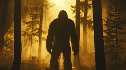 A large, hairy bigfoot creature standing tall amidst dense trees in a forest setting - obrazy, fototapety, plakaty