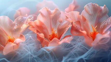 Focus on the fluttering petals of a blooming flower as a gentle breeze sweeps through, creating a delicate blur of color and texture. Each petal seems to tremble with the subtle motion of the air. - obrazy, fototapety, plakaty