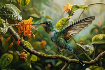 Fototapeta premium Colorful hummingbird perched on a tree branch with orange flowers in the background nature wildlife art painting