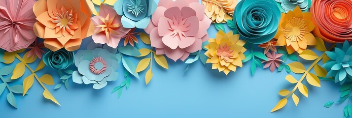 Fototapeta na wymiar A paper art background flower, copy space in the middle, vibrant color palette for banner, dominant Blue color