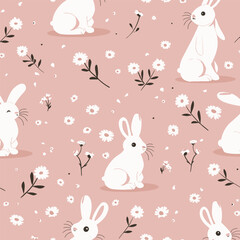 a pink background with white rabbits and daisies