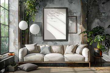 A mockup poster frame 3d render in an industrial shelving system, above a comfortable sofa, entertainment room, Scandinavian style interior design, hyperrealistic - obrazy, fototapety, plakaty