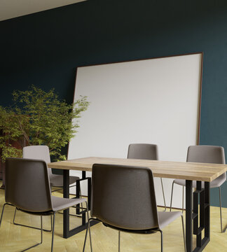 a square 200x200 frame mockup poster behind the dining table in the modern dining room with tree decoration