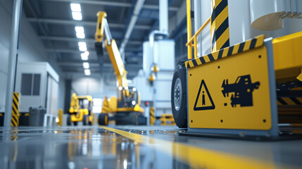Modern factory with automated robotics technology and visible safety signs emphasizing workplace safety.