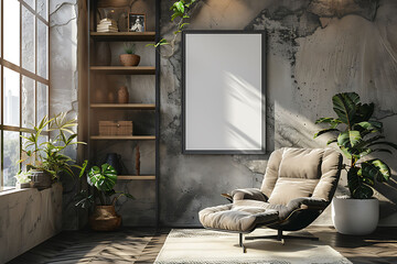 A mockup poster frame 3d render in an industrial shelving unit, above a plush recliner, game room, Scandinavian style interior design, hyperrealistic