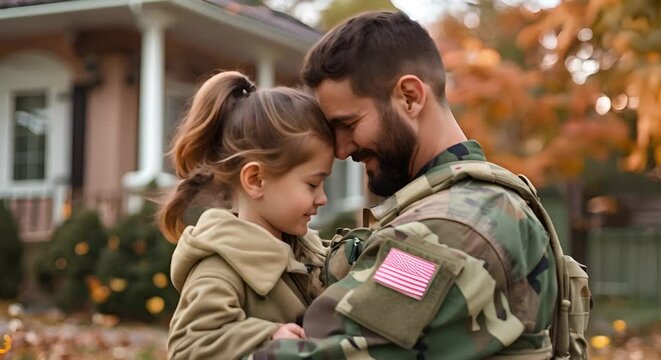 Military reunion between father and daughter hugging at front house.