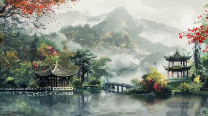 a painting of a scenic scene with a bridge and pagodas - obrazy, fototapety, plakaty