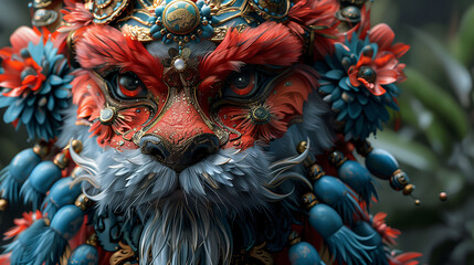 Fototapeta premium Intricate digital artwork of a mythical creature with a lion-like face adorned with ornate jewelry and floral decorations in vibrant colors.