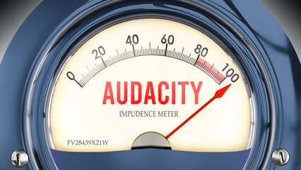 Audacity and Impudence Meter that is hitting a full scale, showing a very high level of audacity, overload of it, too much of it. Maximum value, off the charts.  ,3d illustration - obrazy, fototapety, plakaty