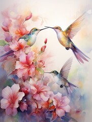 Hummingbirds with iridescent feathers and floral trails, hovering in a garden, ethereal watercolor ,  illustration - obrazy, fototapety, plakaty