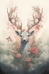 Gentle stag, antlers entwined with ivy and roses, gazing into the tranquil forest haze ,  illustration