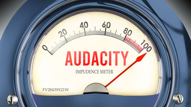 Audacity and Impudence Meter that is hitting a full scale, showing a very high level of audacity, overload of it, too much of it. Maximum value, off the charts.  ,3d illustration