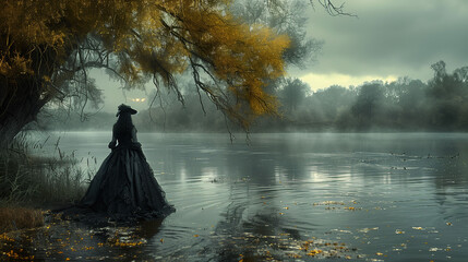 A mysterious figure in a black dress and hat stands by a misty lake under a willow tree, evoking a serene yet eerie atmosphere. - obrazy, fototapety, plakaty