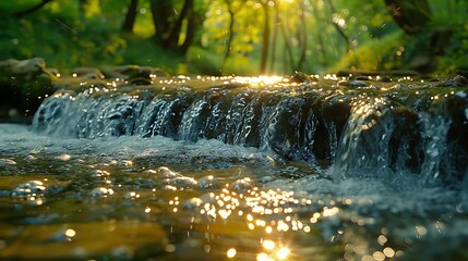 Focus on the shimmering surface of a sunlit stream as it cascades over smooth rocks, the rushing water blurring the reflections of overhanging branches and dappled sunlight.