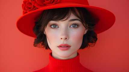 Portrait of a young woman with striking green eyes, wearing a vibrant red hat and turtleneck, set against a red background.