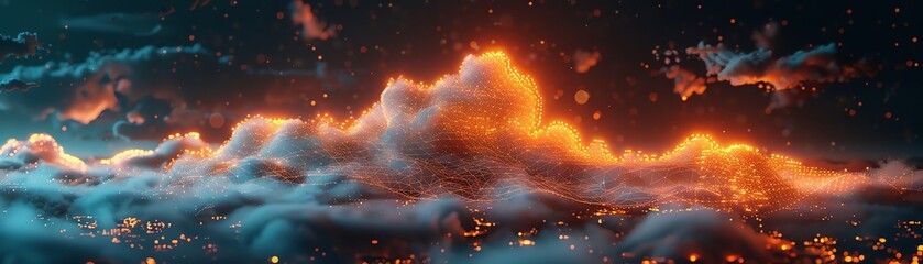3D render of a digital cloud hovering over a cityscape, glowing connections flowing between buildings
