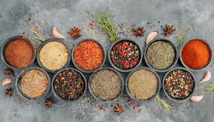 Aromatic Array: Top View of Colorful Herbs and Spices Cups