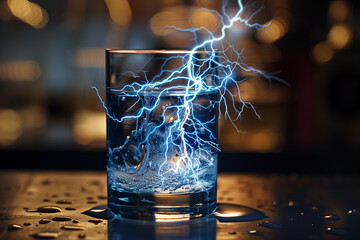 glass filled with liquid with electricity lightning - obrazy, fototapety, plakaty