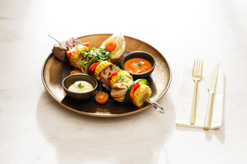 Dutch skewers with corn and cow steak, vegetables and sauce