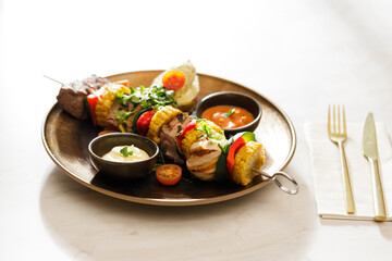 Dutch skewers with corn and cow steak, vegetables and sauce