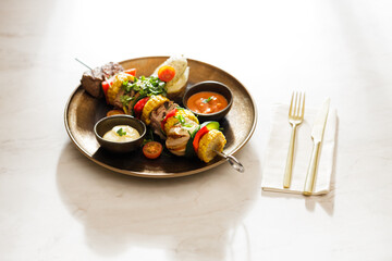 Dutch skewers with corn and cow steak, vegetables and sauce