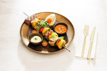 Dutch skewers with corn and cow steak, vegetables and sauce