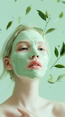 Beautiful woman with green face mask enjoying nature with leaves flying in the air