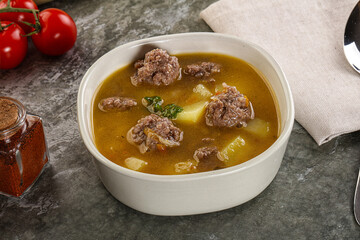 Soup with beef meatball and vegetables