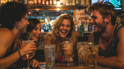 A group of friends laughing and enjoying drinks at a bar