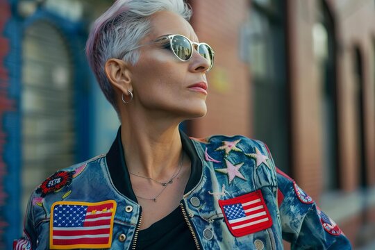 patriotic woman wearing american flag patch jacket presidential election voter portrait photo
