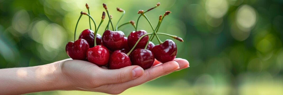 Hand holding ripe cherries on blurred background, cherry selection with copy space