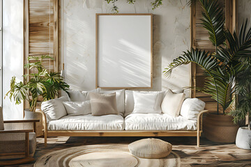 A mockup poster frame 3d render in a wooden rack, above a stylish sofa, lounge, Scandinavian style interior design, hyperrealistic