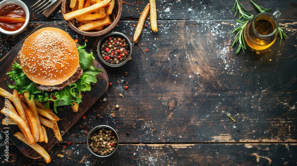 Poster classic burger and fries on wooden table with copy space, view from above for text placement