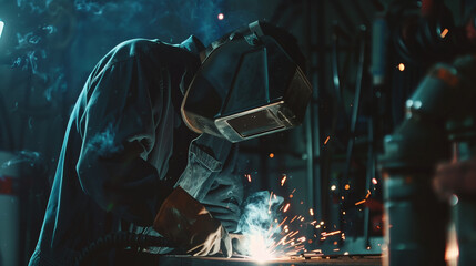 Welder in a dark workshop with sparks and smoke from welding