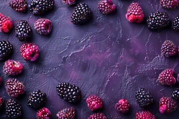 Fresh slices of blackberries laid out on a dark purple background, emphasizing the glossy texture, with space at the bottom for text