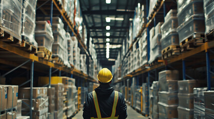 Worker in high visibility vest stands amidst tall shelves in a warehouse - obrazy, fototapety, plakaty