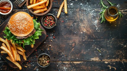 Classic burger and fries on wooden table with copy space, view from above for text placement