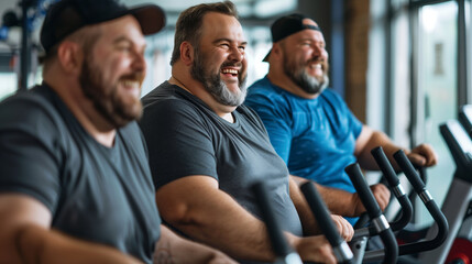 Three three body positive men laughing and enjoying their workout at the gym