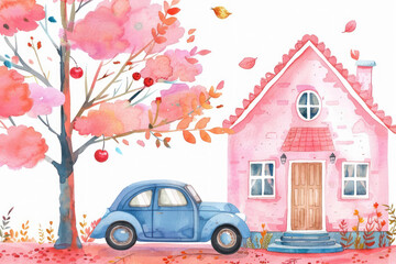 Fototapeta premium Hand drawn illustration of house and car in sketch style. 3d illustration.