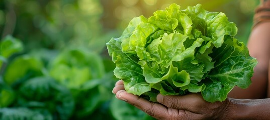 Crisp lettuce leaves held in hand on blurred background, offering space for text placement