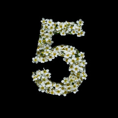 The number five is made of delicate white flowers on a black background.