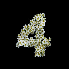 The number four is made of delicate white flowers on a black background.