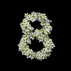 The number eight is made of delicate white flowers on a black background.