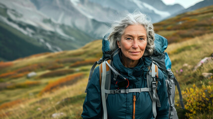 Fototapeta na wymiar Mature hiker with backpack in alpine scenery.