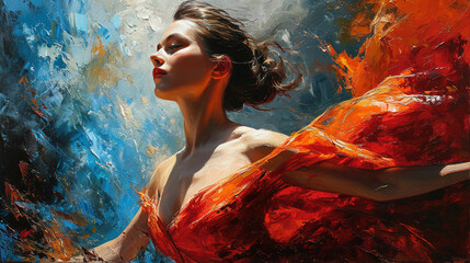 Contemporary Oil Painting of A Beautiful Women Ballerina Dancer Dancing in Orange Dress - obrazy, fototapety, plakaty
