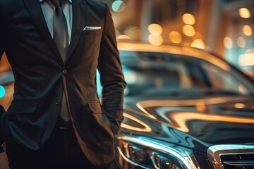 professional chauffeur standing near luxury car exceptional service concept closeup photo - obrazy, fototapety, plakaty